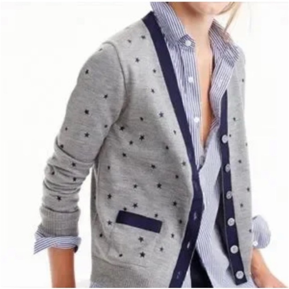 J. Crew Gray and Blue Cardigan Sweater with Polka Dot Pattern